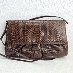 Vtg Nordstrom Chocolate Brown Snakeskin Women's Convertible Crossbody Clutch Bag